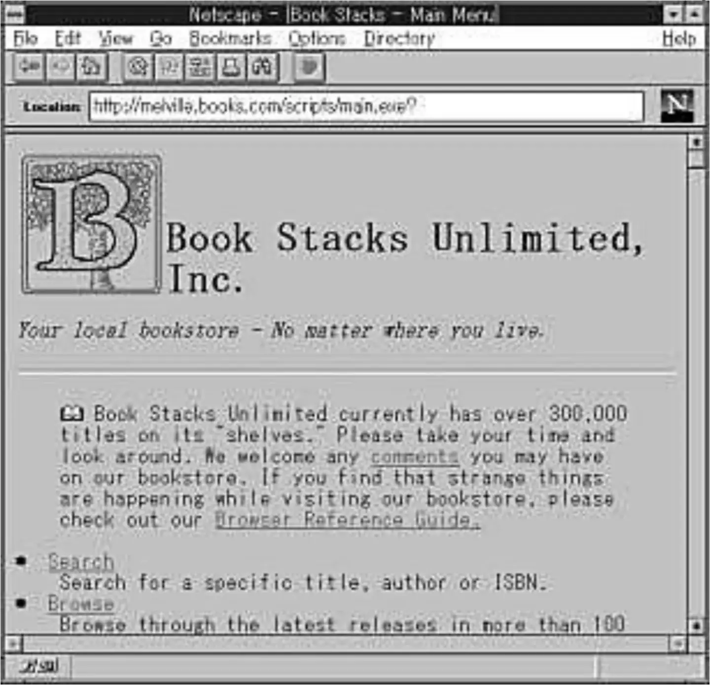 An early screen of the Book Stacks Unlimited website from 1992