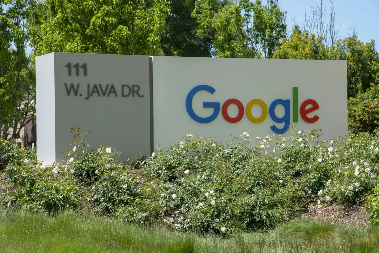 Google office sign on a sunny day at 111 West Java Drive, California