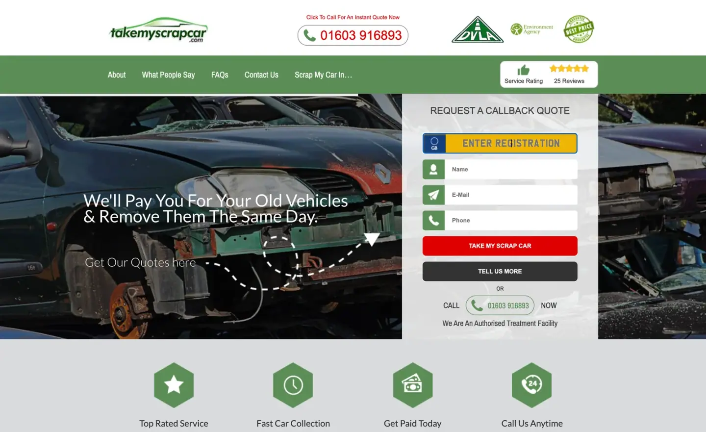takemyscrapcar.com's home page, with its registration-number quote form