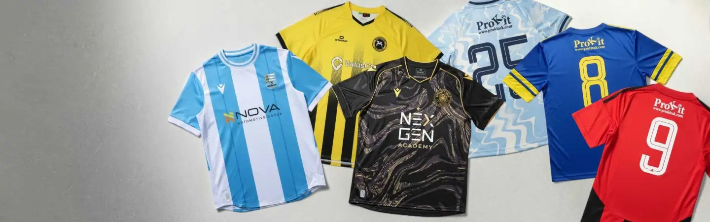 Club football shirts from ProKit's teamwear range, including its own PKT kits