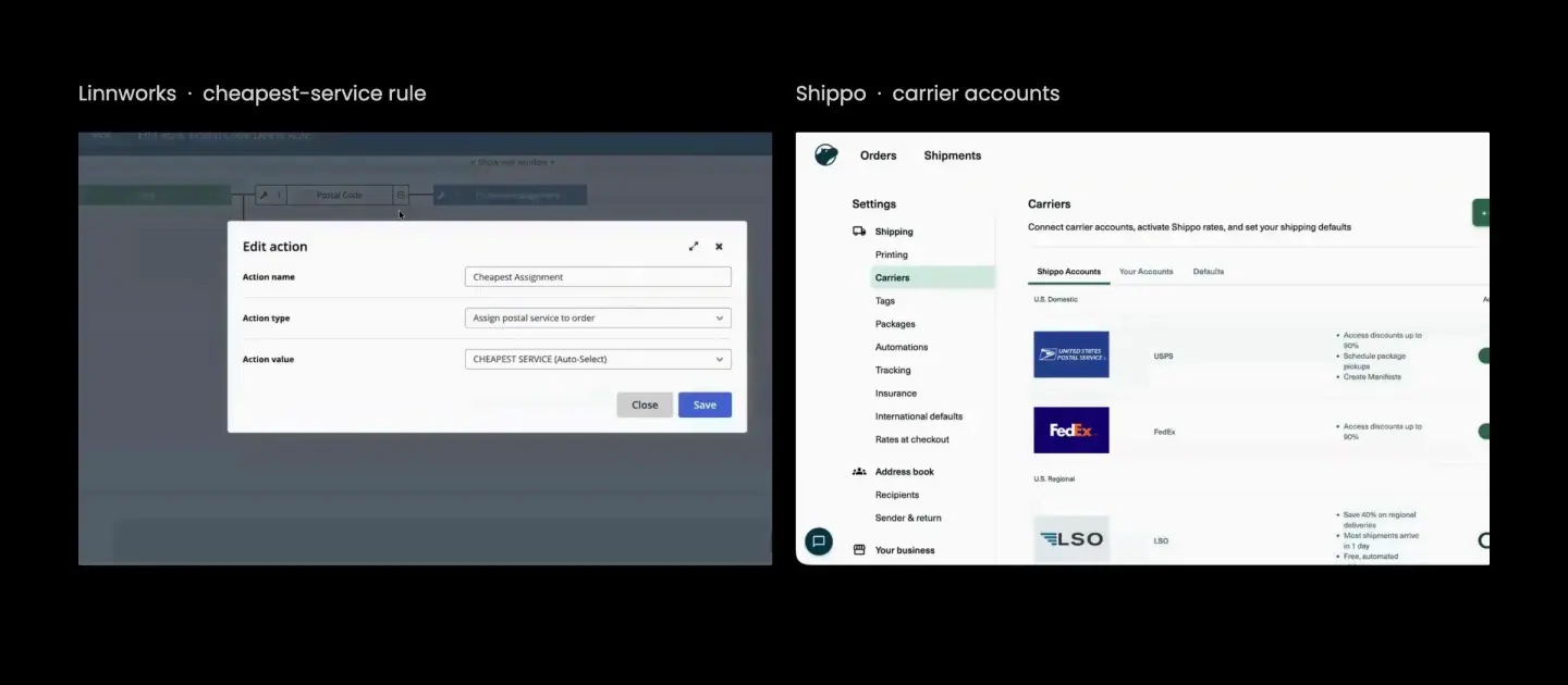 The Linnworks automation rule assigning Shippo's cheapest service, beside Shippo's carrier settings, from Shippo's own demo