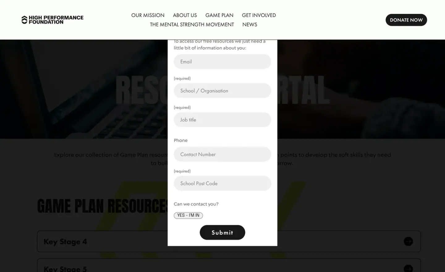 The sign-up form teachers complete to unlock the free Game Plan resources