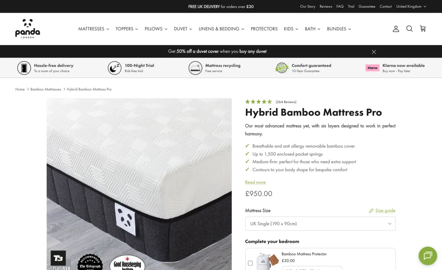 The Hybrid Bamboo Mattress Pro product page on pandalondon.com