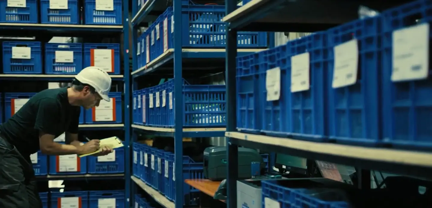 A picker checking a list among blue crates in a warehouse, from Shippo's own film