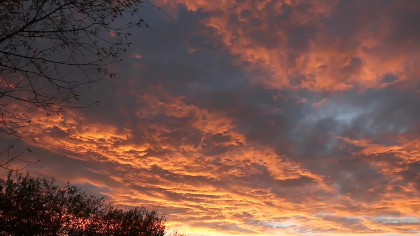 A red dawn sky over a lake, from KUMU's film Adrift