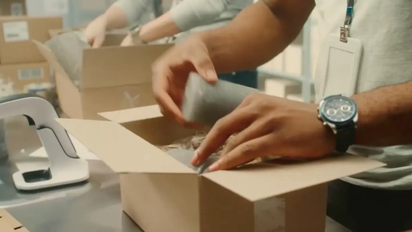 Hands packing an order into a box at a packing station, from Shippo's own film
