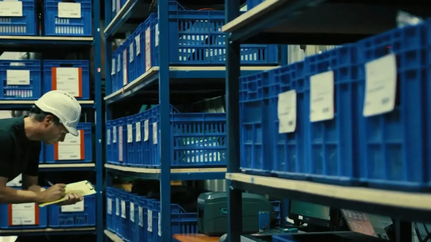 A picker checking a list among blue crates in a warehouse, from Shippo's own film