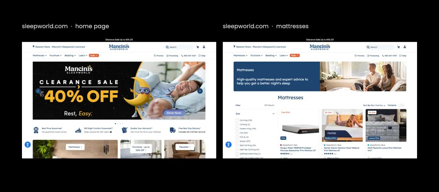 sleepworld.com's home page and mattress listing page