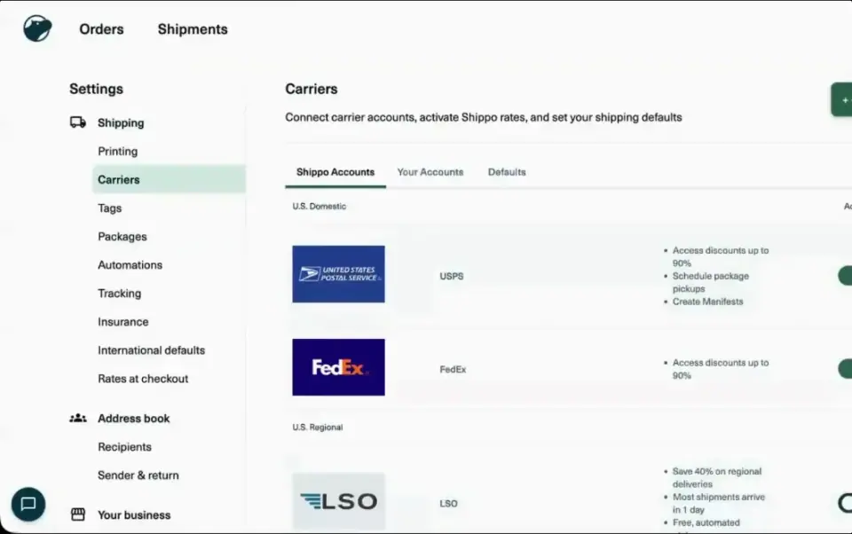 Shippo's carrier settings, from Shippo's own demo