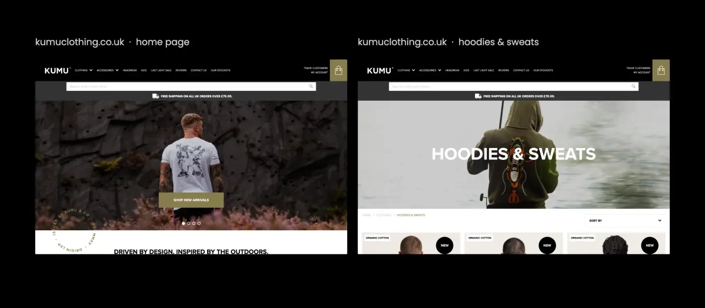 kumuclothing.co.uk's home page and its hoodies and sweats page