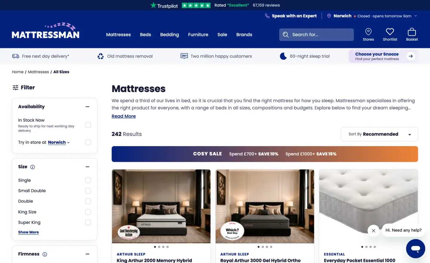 mattressman.co.uk's mattress listing page, with size and firmness filters