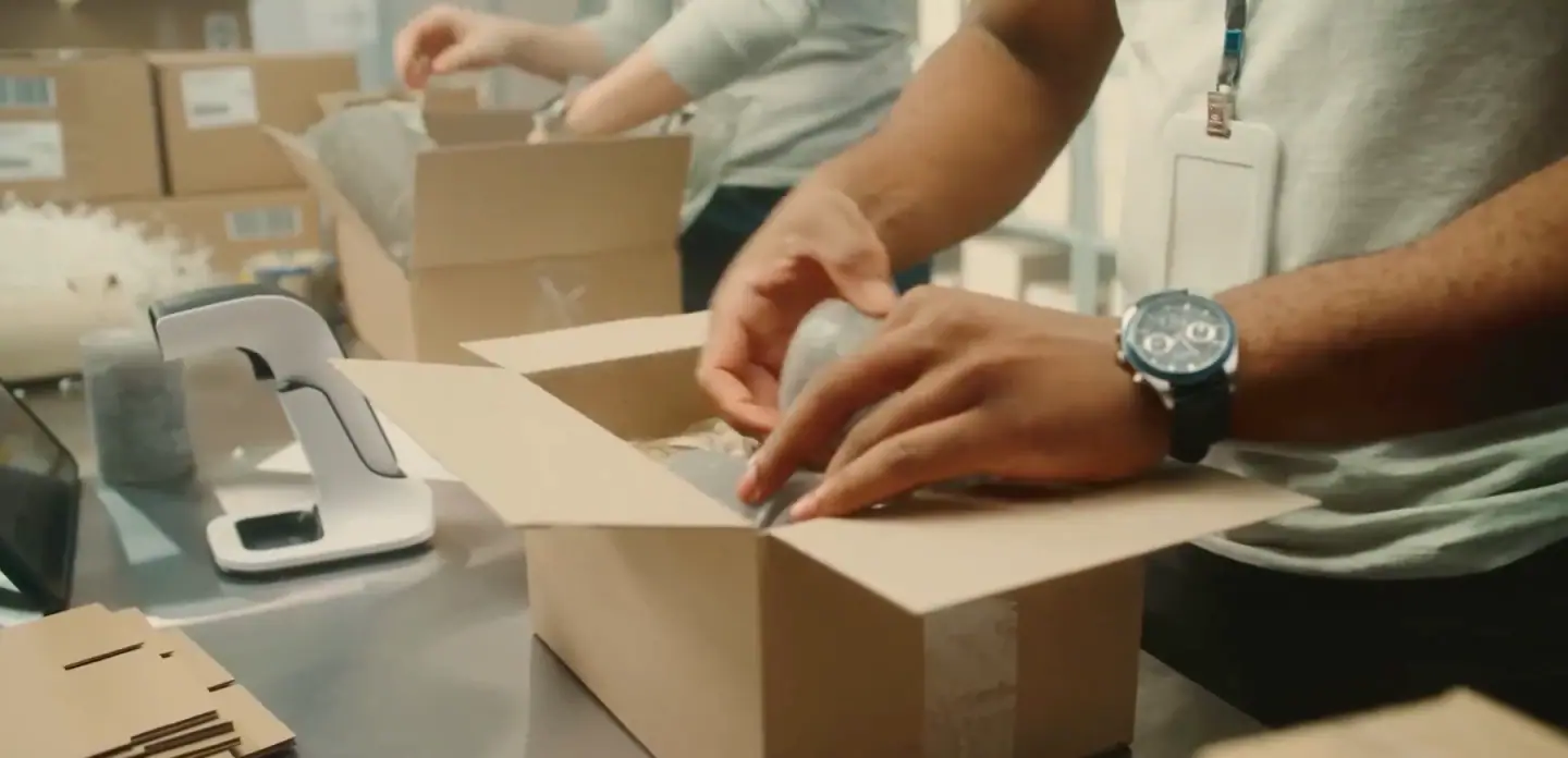 Hands packing an order into a box at a packing station, from Shippo's own film