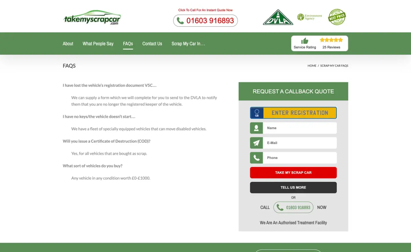 takemyscrapcar.com's FAQs page